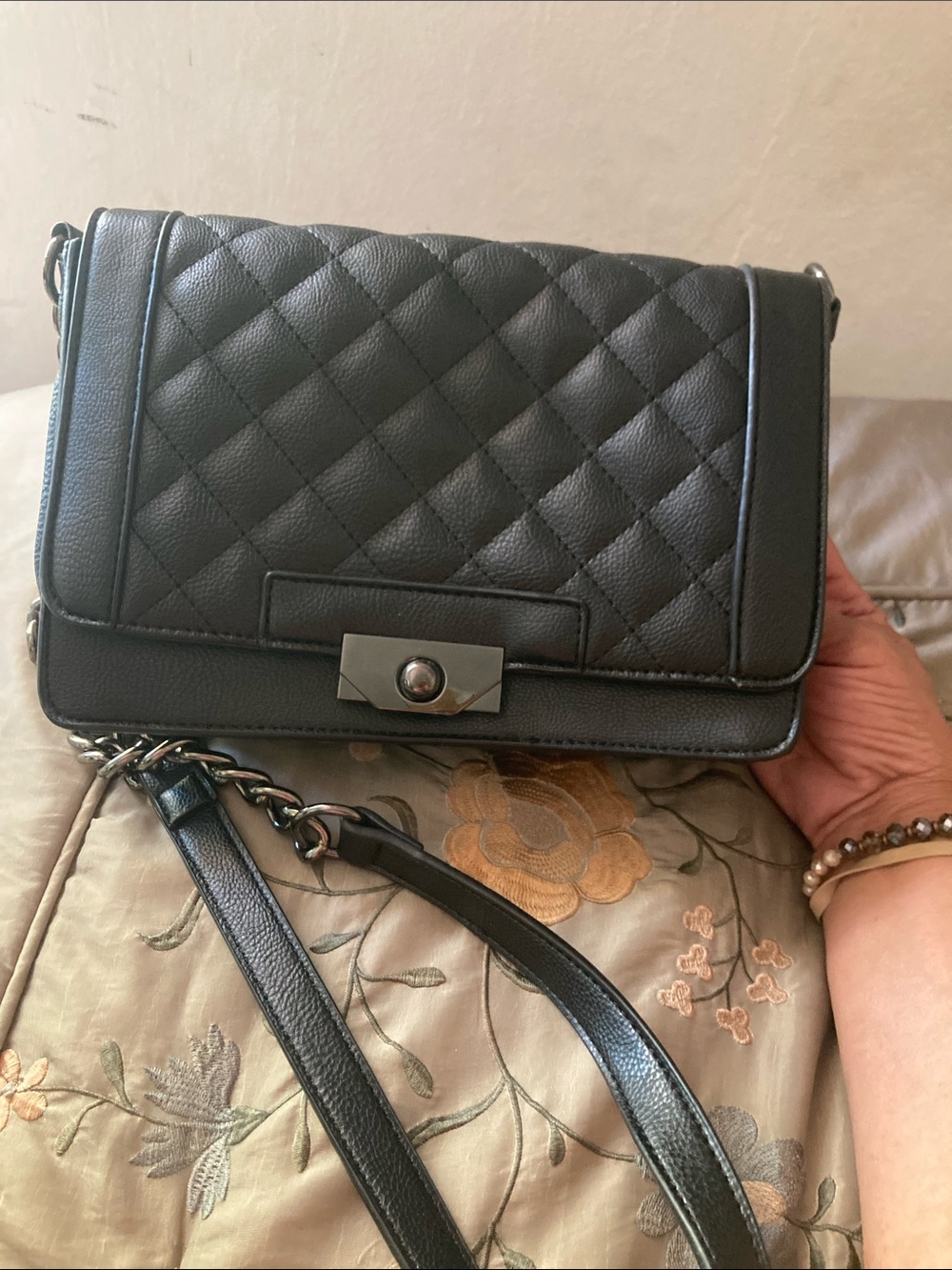 JustFab Black Quilted Crossbody with Gunmetal Chain